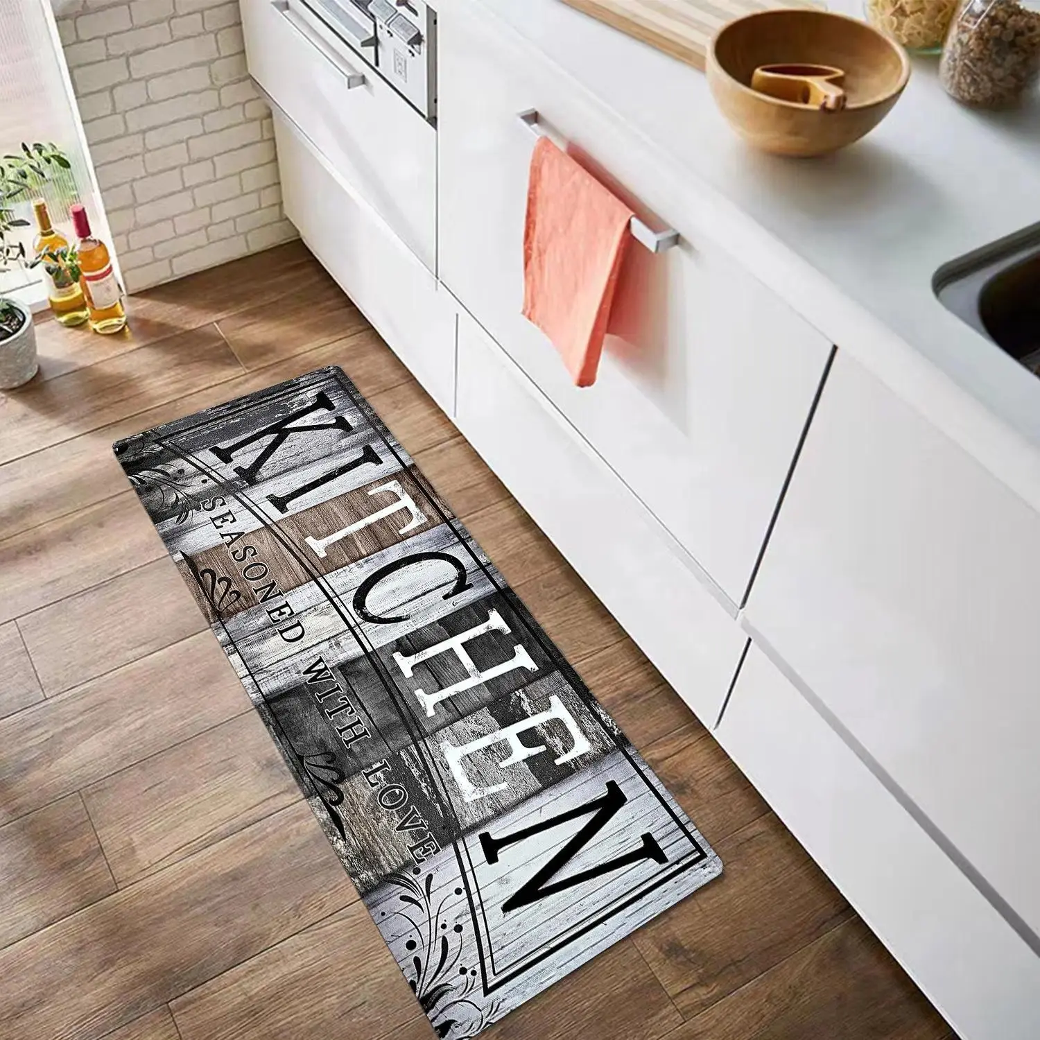 Kitchen Floor Mat, 1 Count Letter & Wood Grain Pattern Boho Kitchen Rug, Non-slip Kitchen Mat, Washable Kitchen Floor Mat for Home Farmhouse Decor, Kitchen Runner Rug, Washable Kitchen Rugs, Kitchen Rugs Mats