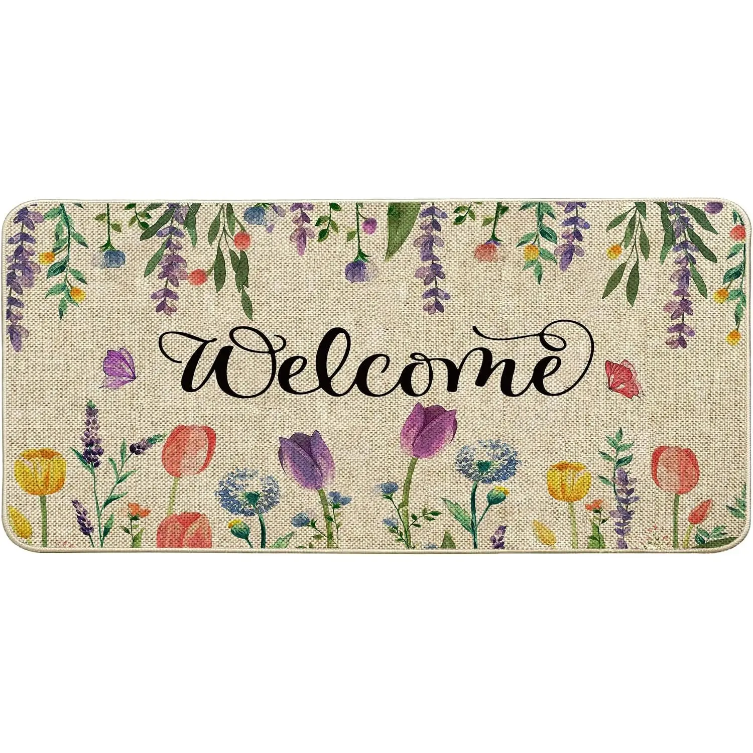 Welcome Spring Summer Floral Doormat Indoor Outdoor Patio Seasonal Flower Floral Door Mats Non-Slip Durable Entrance Mat for  Entrance Yard 17x36 Inch