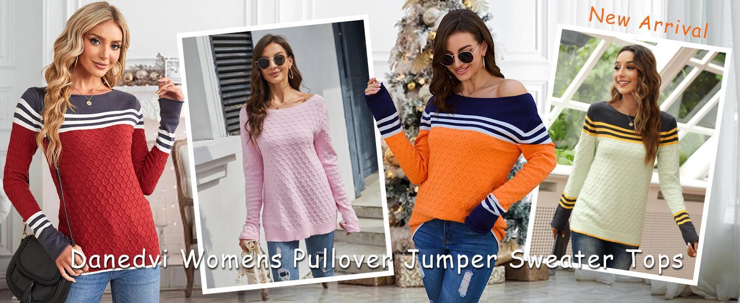PASLTER Women Autumn Winter Colorblock Pullover Sweaters Round Neck Striped Slim Fitting Knitwear Tops Crewneck Womenswear PASLTER Women Autumn Winter Colorblock Pullover Sweaters Round Neck Striped Slim Fitting Knitwear Tops Crewneck Womenswear