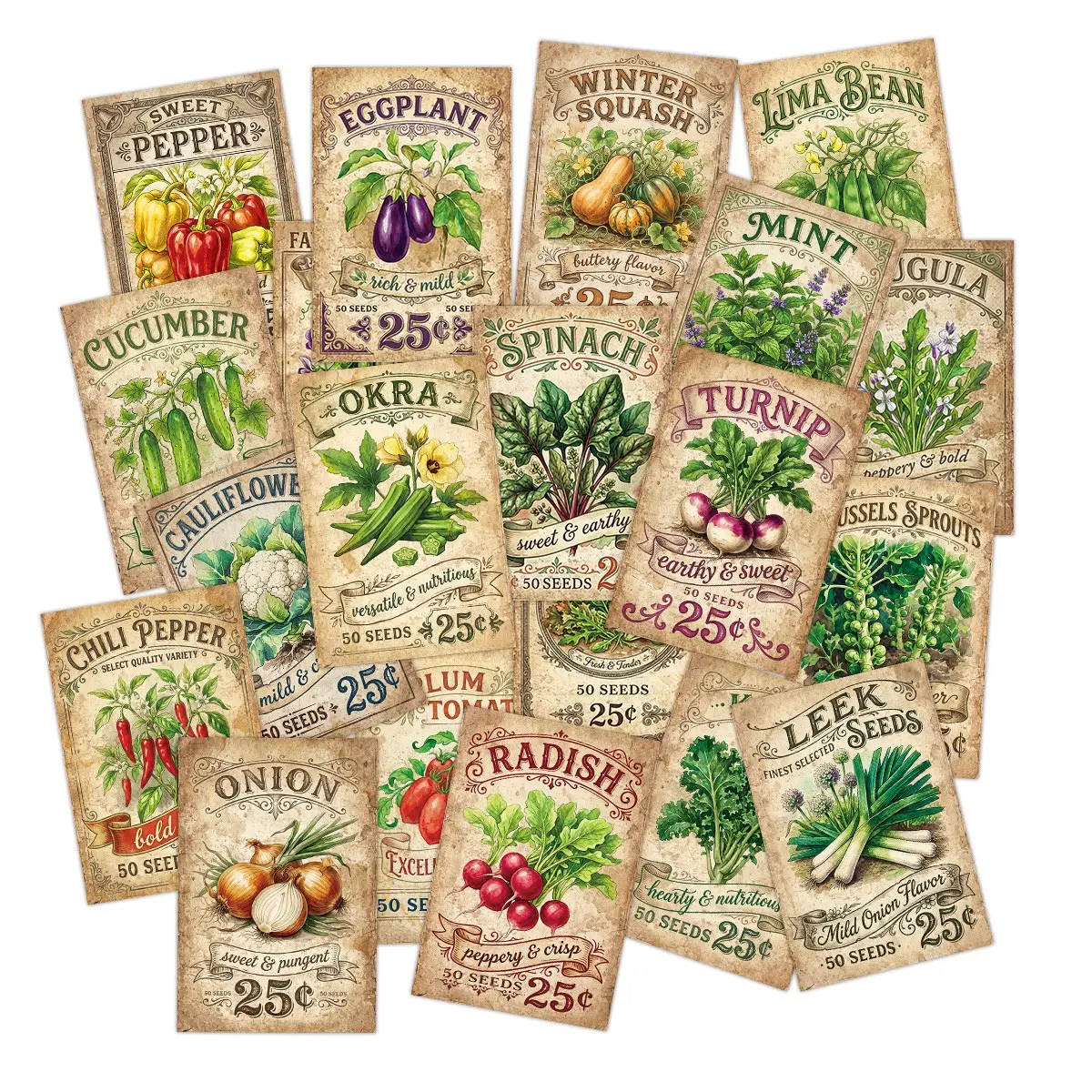 20 Vintage Floral Seed Pack Cards, American Retro Flower Label Art, Garden Seed Illustrations, Perfect for Scrapbooking, DIY, Home Decor, Gardening Gifts