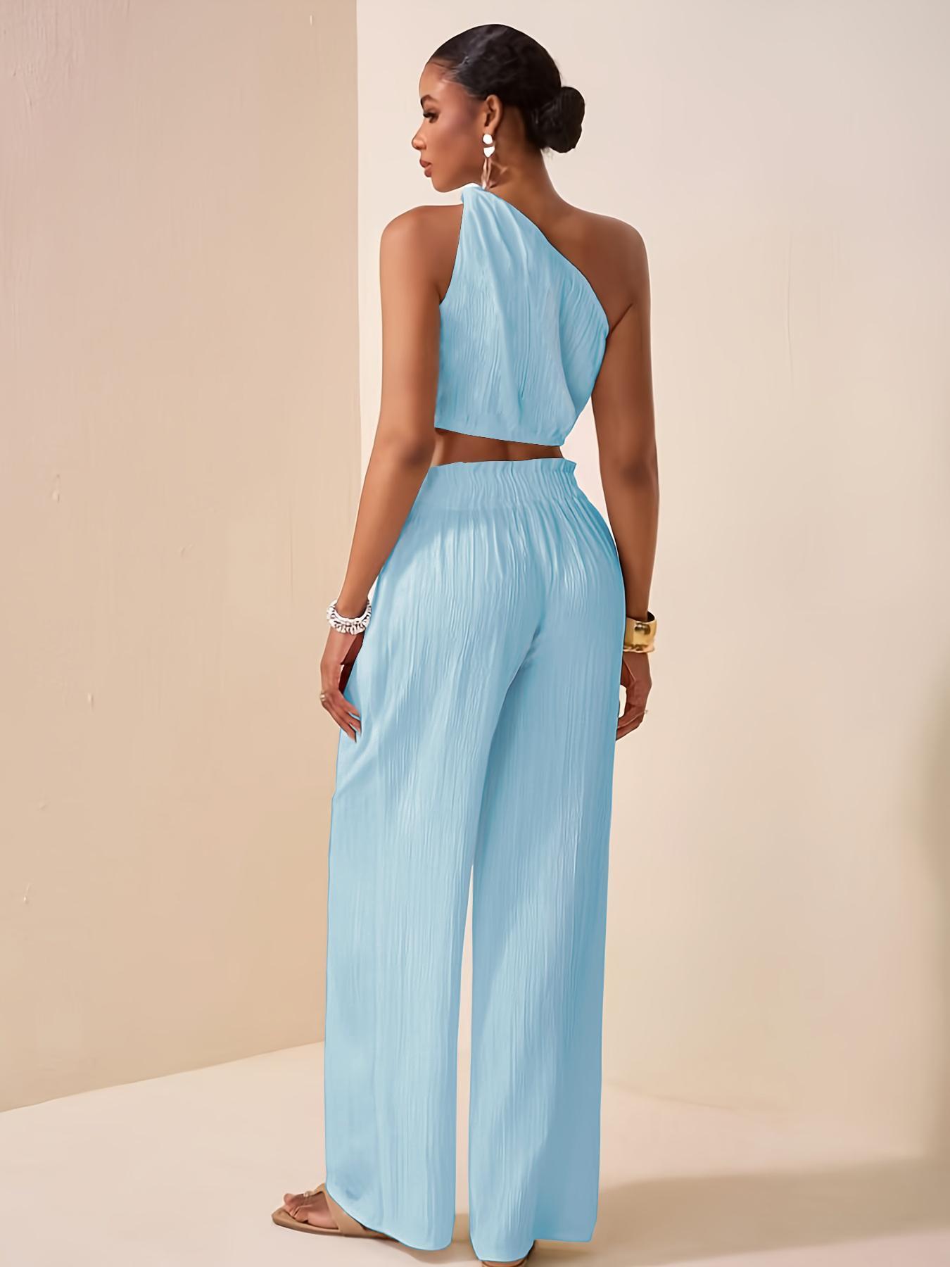 Two-piece Set Women's Solid Crop Top & Wide Leg Pants, Basic Elegant Fashion Casual Top & High Waist Trousers for Daily Outdoor Wear, Women's Clothing for Summer, Womenswear