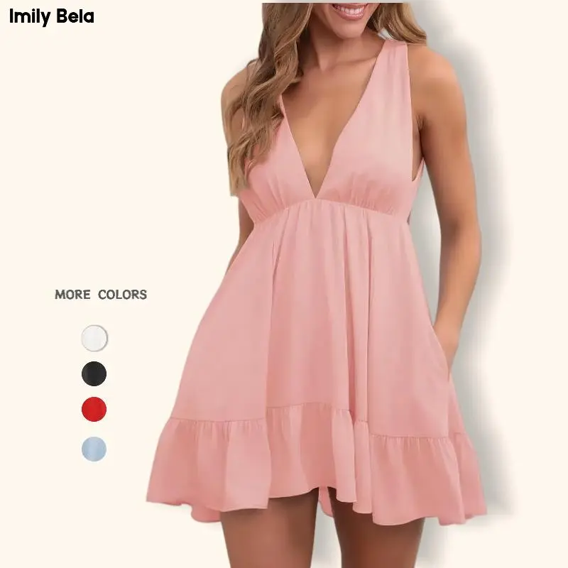 Imily Bela Womens Summer Mini Dress Loose Ruffle Deep V-Neck Backless Strap Solid Casual Short Dresses with Pockets