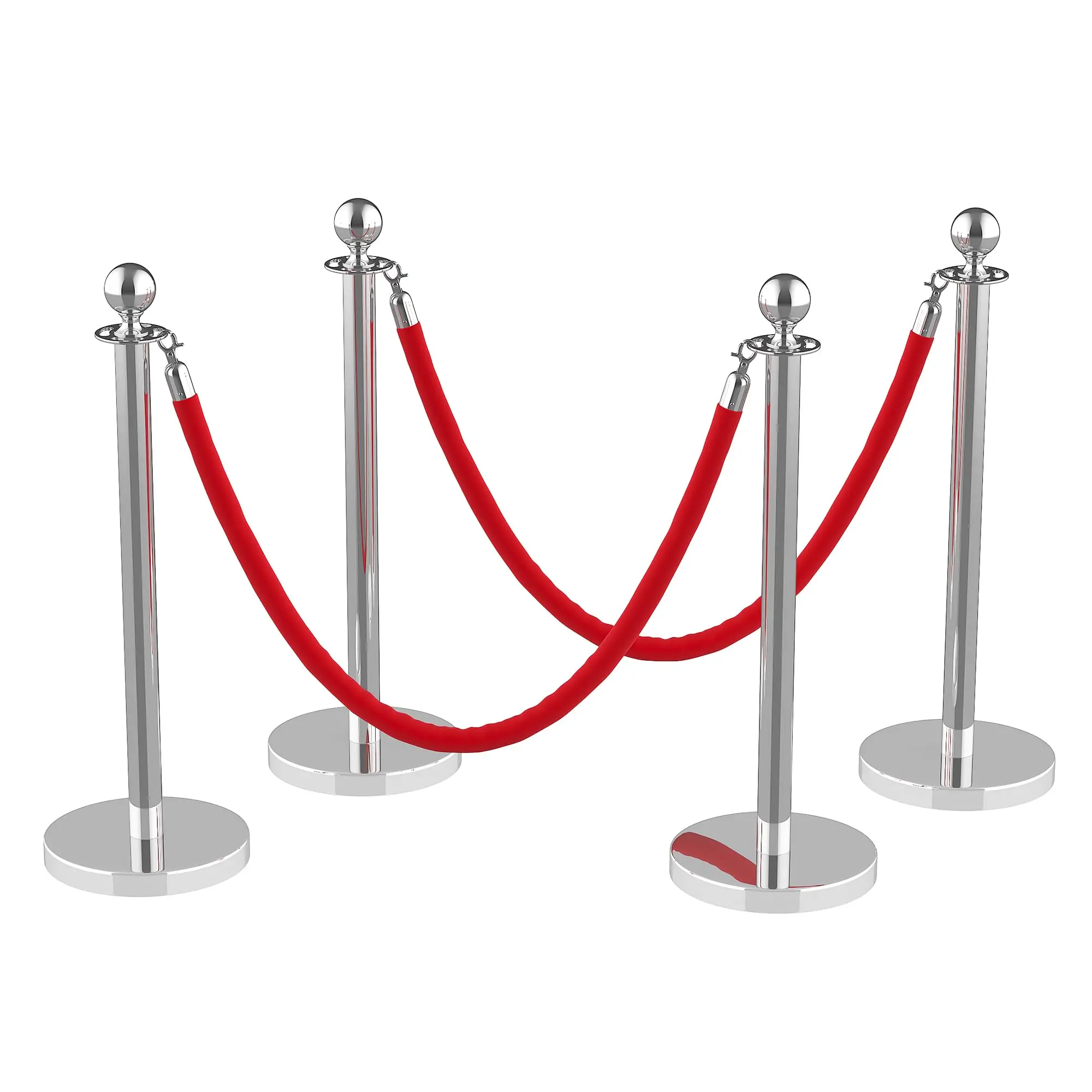 Silver Crowd Control Stanchion Kit - Multi-Size Set (4/6/8/12 Pcs Posts) with 5 ft Red Velvet Ropes (2/4/6/10 Pcs) for Queue Management, Theaters, Weddings