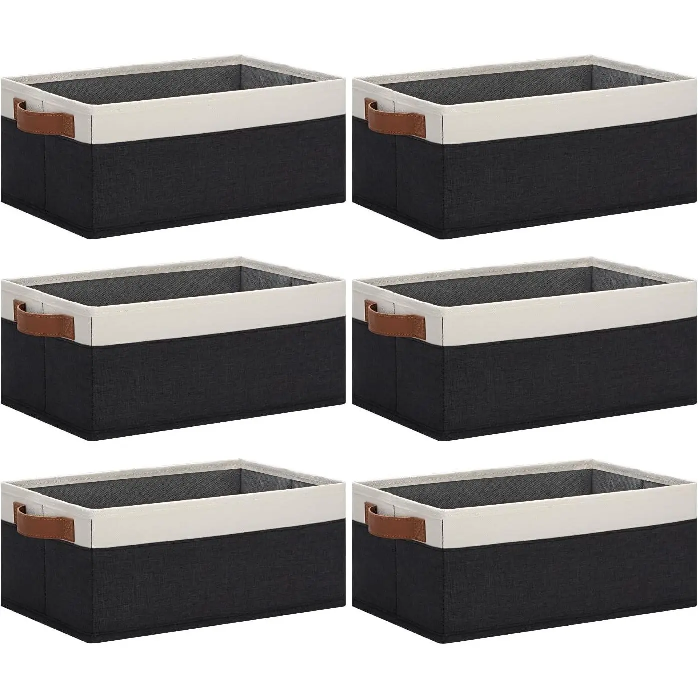 Storage Baskets for Organizing, Fabric Storage Bins with Leather H&les, Foldable Rectangular Storage Baskets for Shelves, Closets, Home, Office(Black/White, 6 Pack)11.8X7.9X5.1 in