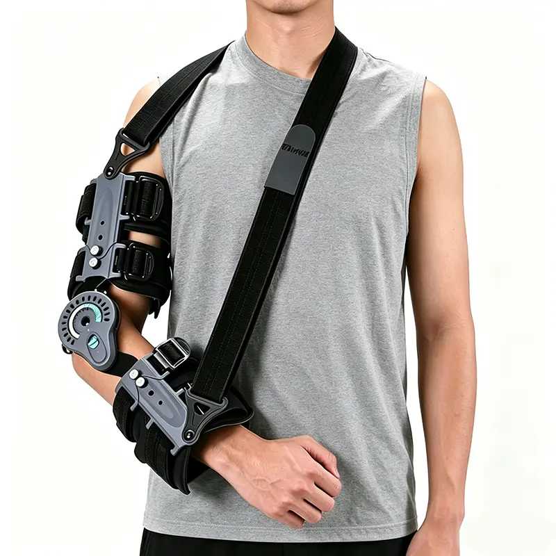 Adjustable ROM Hinged Knee & Elbow Brace with Plastic Components, Breathable Foam, Post-Op Rehabilitation Support, Detachable Upper Arm Fixation Sling (Left/Right Available)
