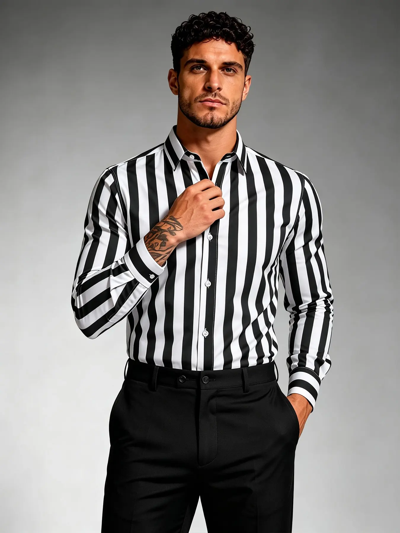 Men's Slim Fit Bold Vertical Stripe Shirt, Point Collar Long Sleeve Button Down, Stretch Wrinkle Resistant, Business & Smart Casual