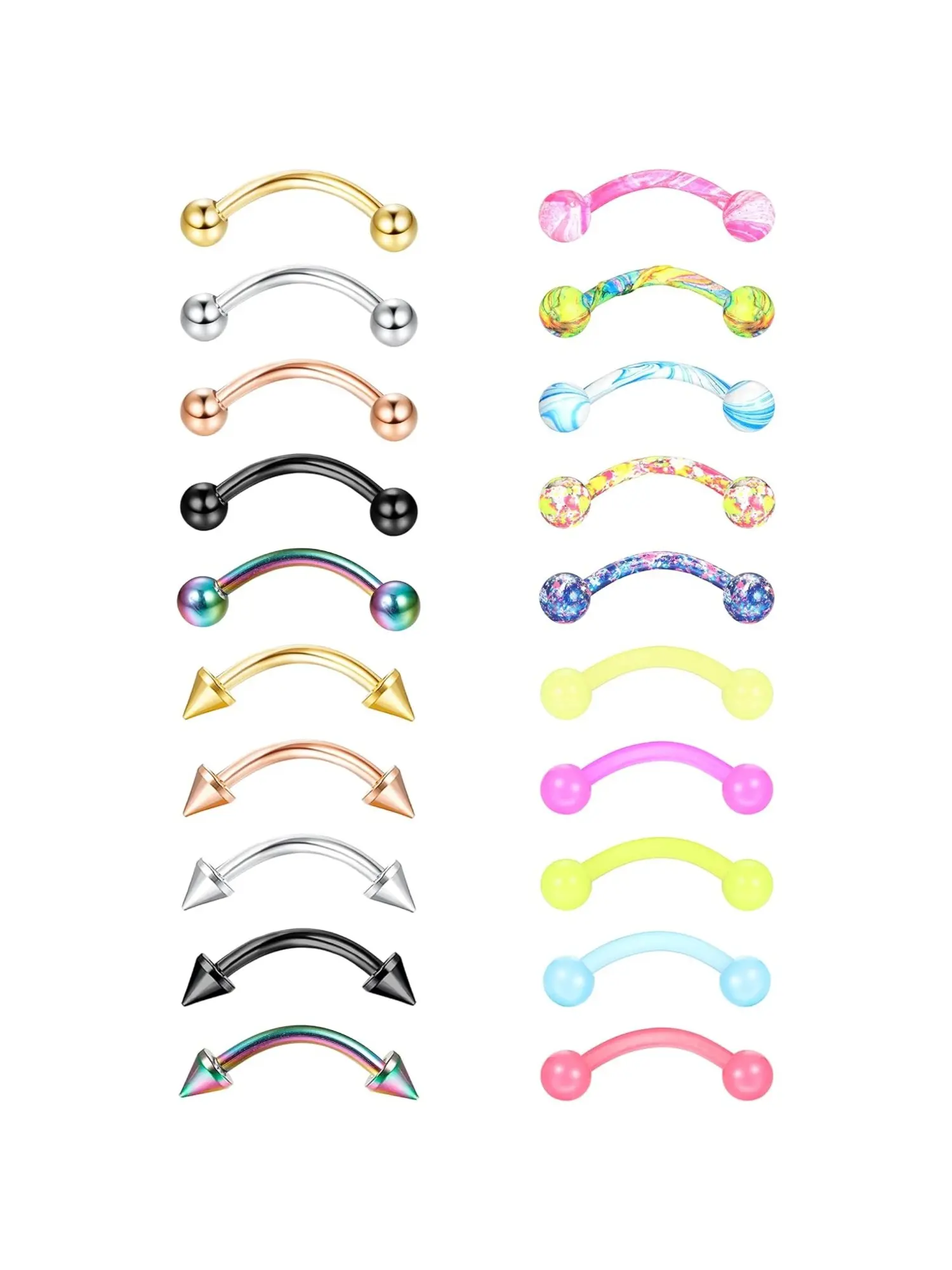 20 Pcs Curved Barbell Set, Piercing Party Pack, Stainless Steel & Acrylic Eyebrow Piercing Jewelry, Neon UV Glow Marbled Body Rings For Cartilage Lip