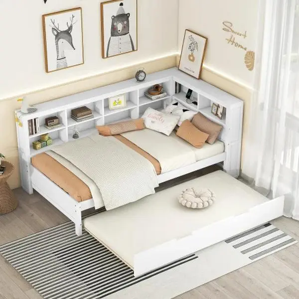 Minimalist Contemporary Solid Wood Twin Size Expandable Daybed with Pull-Out Trundle Bed, Storage Shelf, USB Ports, 83.9" L x 47.9" W x 36.6" H, Assembly Required for Bedroom, Living Room (Extra Guest Use)