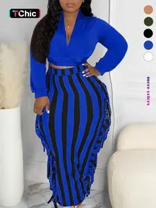 Two-piece Set Women's Solid Long Sleeve Crop Top & Striped Print Tassel Decor Skirt Set, Casual Deep V Neck Cropped Top & High Waist Skirt For Spring & Fall, Women's Two-Piece Outfits For Daily Wear, Womenswear