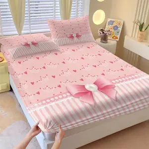 Pink Striped Crown Heart Bow Fitted Sheet Set, 1 Fitted Sheet + 2 Pillowcases, Deep Pocket Non-Slip Mattress Protector, Big Pearl Bow With Lace And Tiny Crown Heart Prints, Sweet Princess Bedding For Girls Bedroom Decor