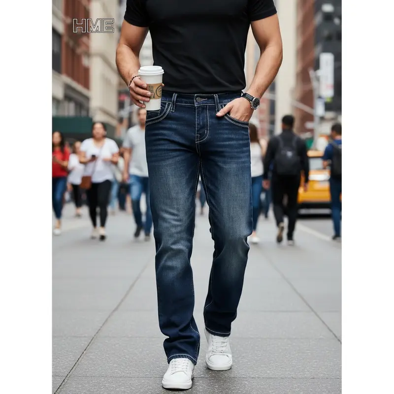 Men'S Jeans, Fashionable, Trendy, Simple, Slim-Fit, Straight-Leg Pants