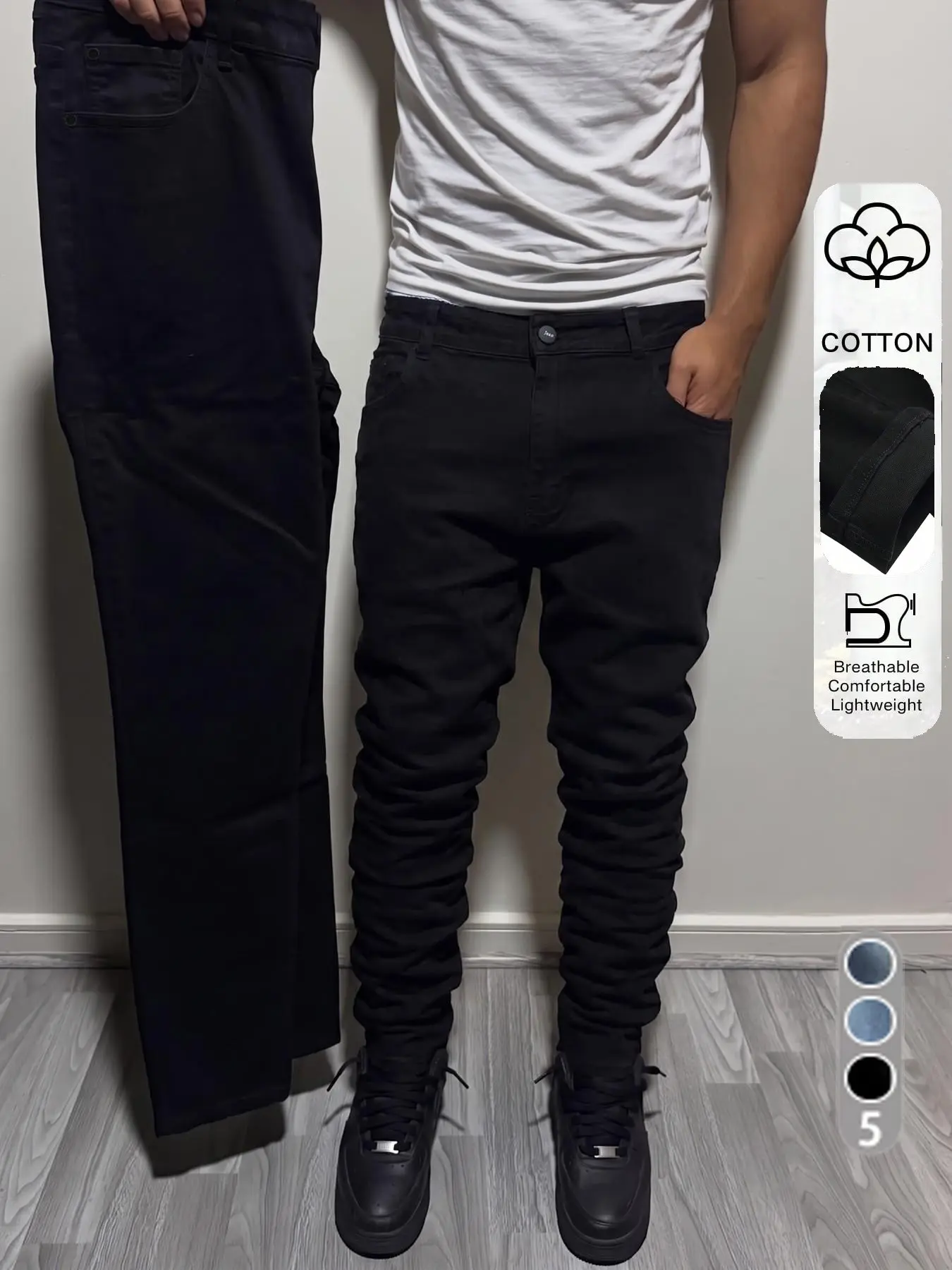 Men's All-Season Fitted Skinny Straight Leg Stretch Jeans, American High Street Clean Fit Plain Color Casual Long Pants, Casual Jeans Menswear