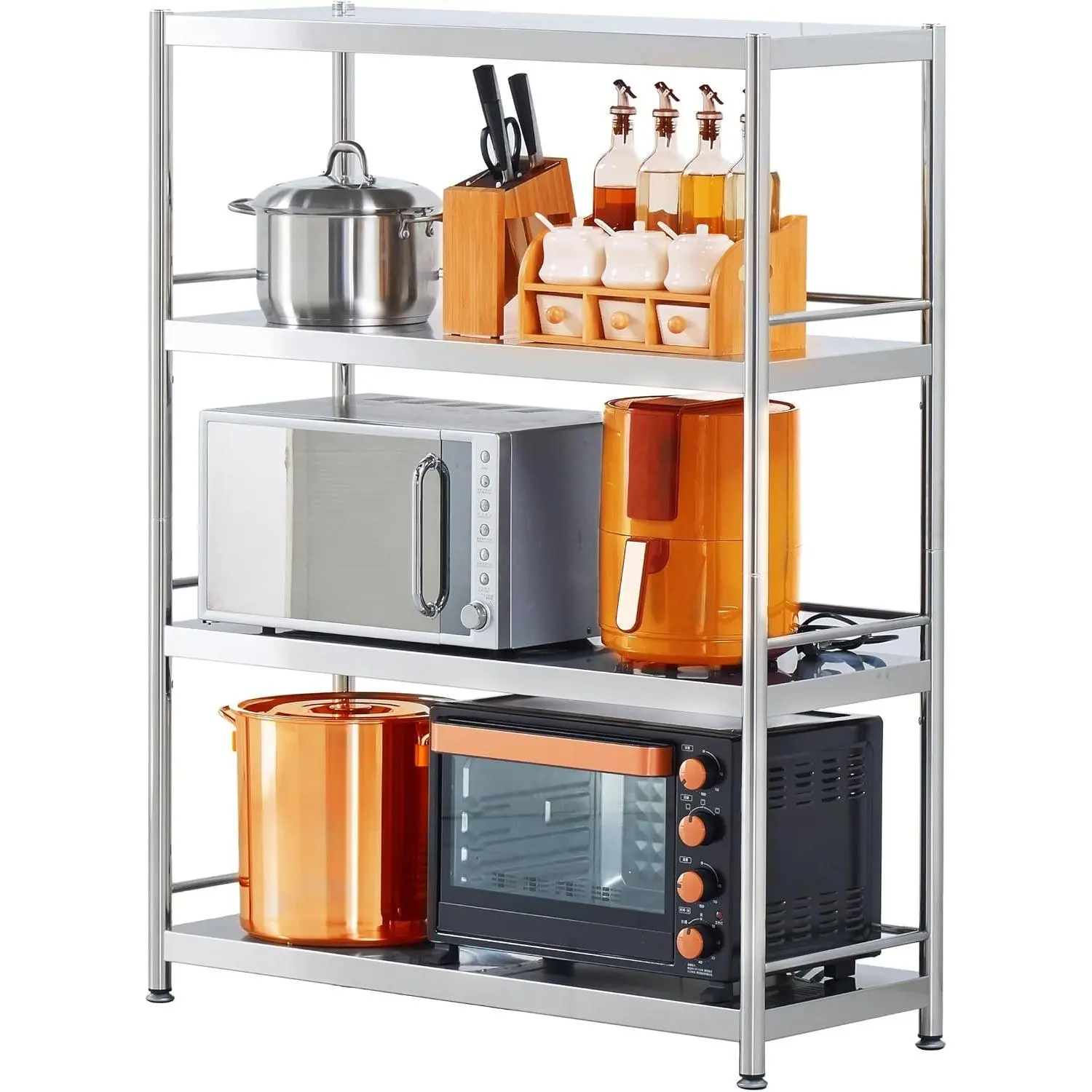 Stainless Shelving with Guardrails,31.5*15.8in-4T,Kitchen,Workshop | Heavy Duty,Brushed ,Floor height adjustment,Adjustable , screws,Industrial Storage,for Garage,Warehouse