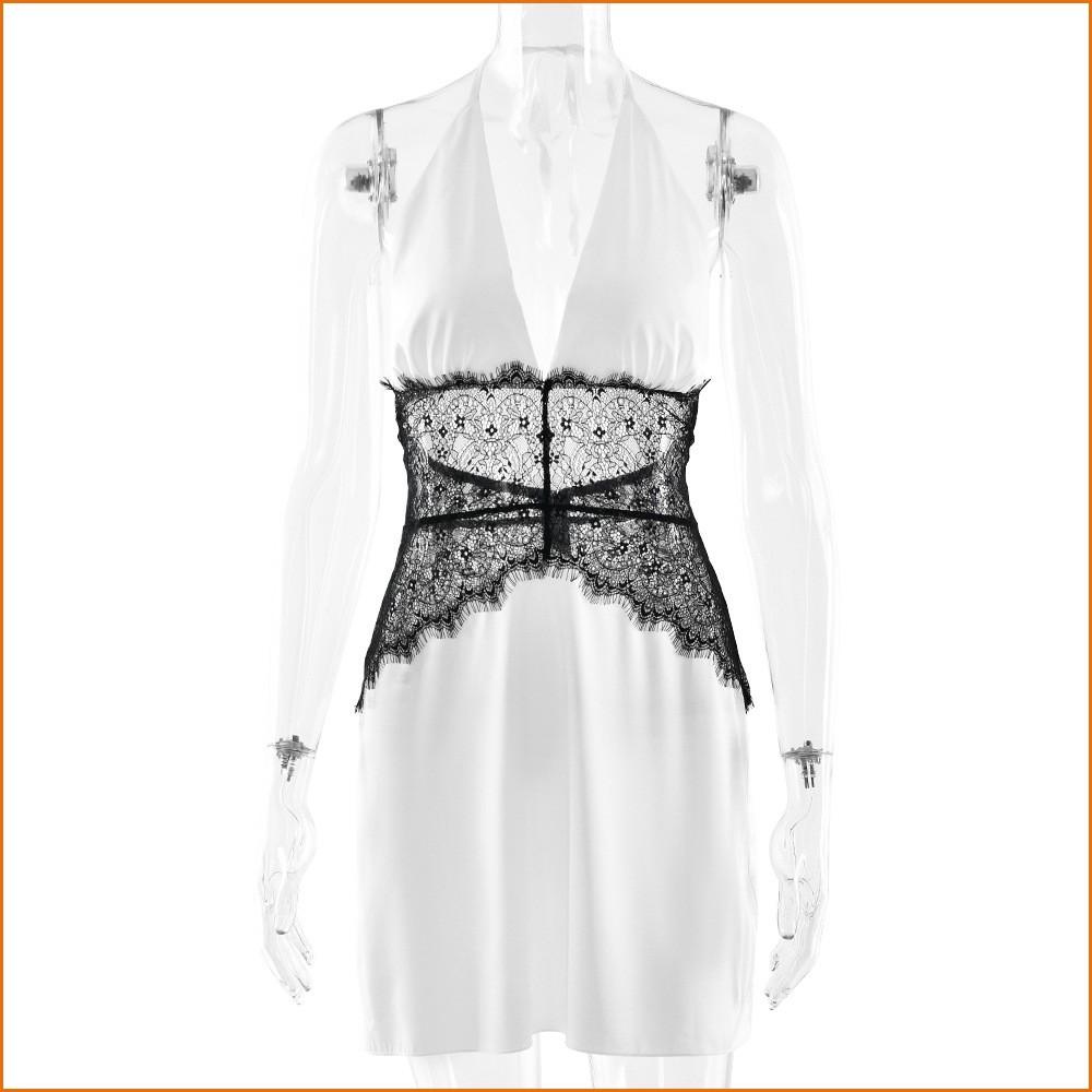 KODA & CO 04 Women's Sexy Halter Neck Lace Dress  High Waist Backless Mini Dress, V-Neck Sleeveless Open Back, Silk Satin Fabric