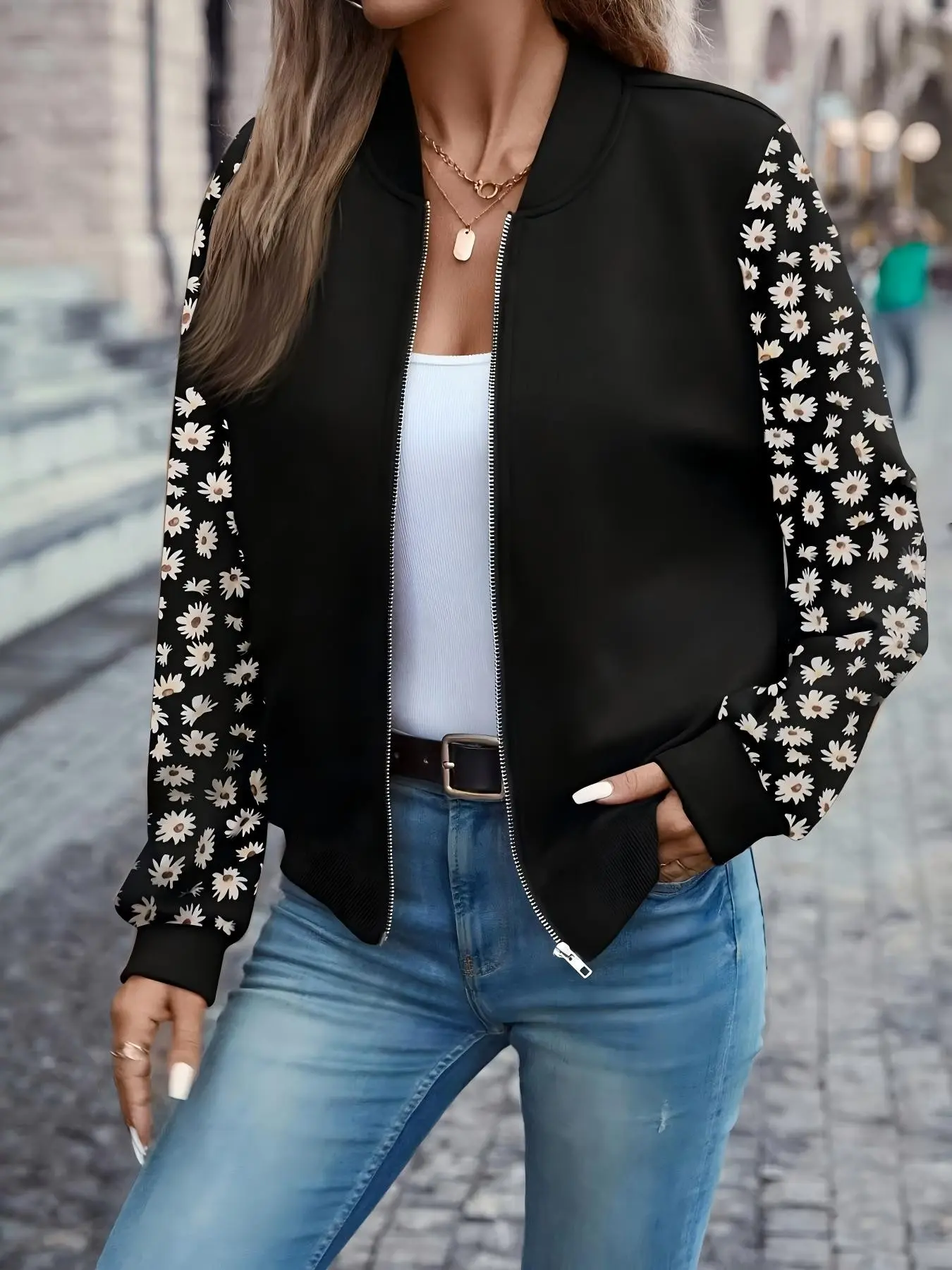 Women's Patchwork Daisy Baseball Jacket, Shoulder Puff Sleeve, Stand Collar Zipper, Loose Fit Casual Outerwear