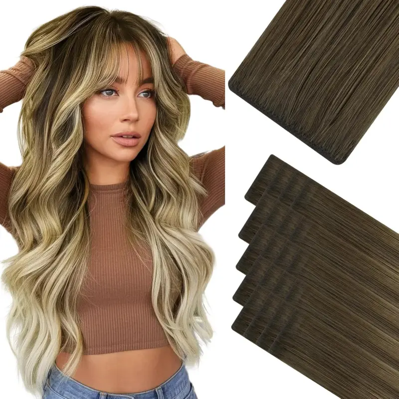 Invisi Edge Tape in Hair Extensions Human Hair, 18inch 50g 20pcs Balayage Dark Brown Mixed Chestnut Brown Invisible Tape in Extensions Straight Seamless Real Remy Hair Injected