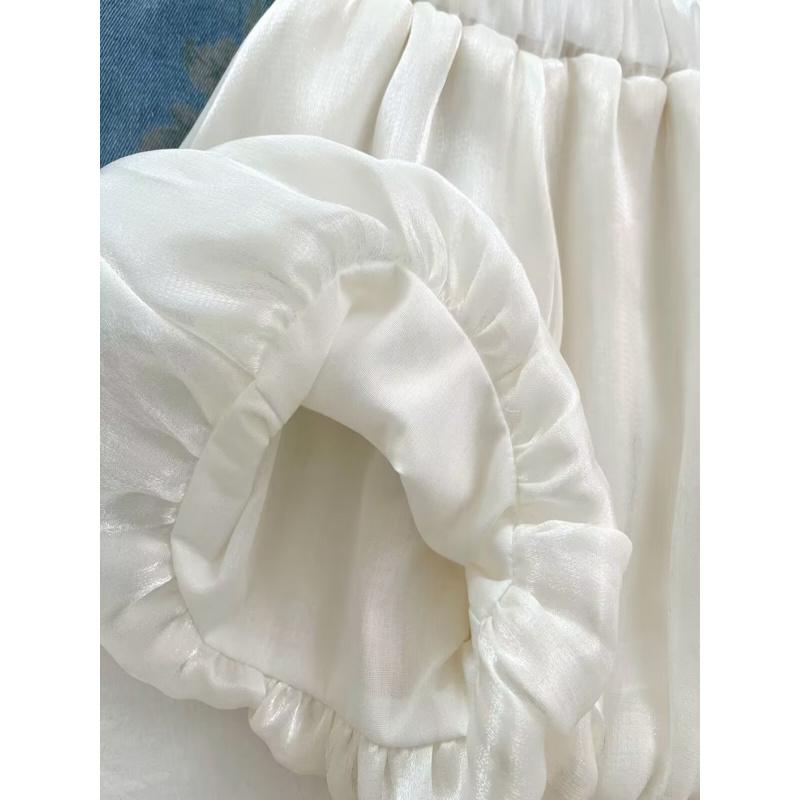 New(New)Summer French Sweet Style Sleeveless Denim Print Camisole + Solid Color Tulle Pants 3-7 Year Old Girls' Two-Piece Set with Irregular Hem + Frayed Edge Decoration