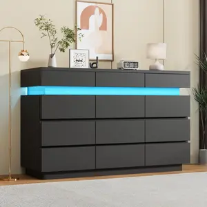 YJ-Garvee 12 Drawer Dresser for Bedroom, 59" Wooden Dresser with LED Lights and Large Storage Drawers, Modern Dressers & Chests of Drawers with Anti-Tipping Design for Living Room Bedroom (Black, 12 Drawers)