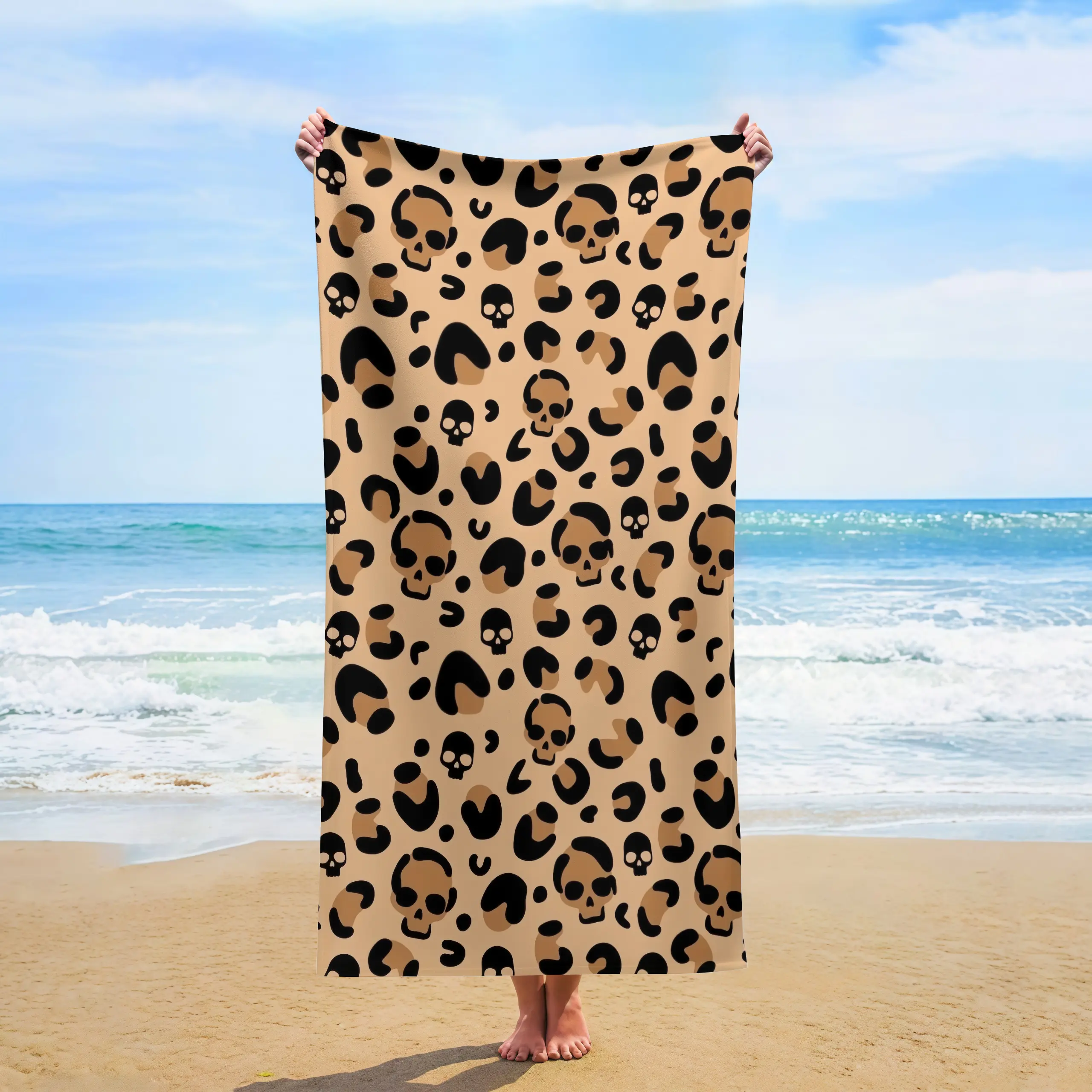 Leopard Print Skull Beach Towel, Gothic Cheetah Skull All Over Print Quick Dry Microfiber Swim Towel, Edgy Grunge Dark Aesthetic Beach Towel for Pool, Vacation and Travel, Multiple Color Options, Trendy Summer Accessory & Gift For Goth And Skull Lovers
