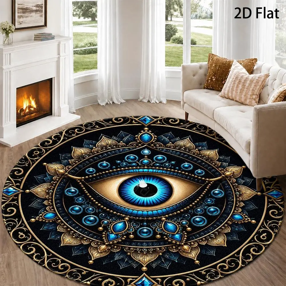 Flannel Floor Mat Round Flannel Rug Sacred Mandala Carpet Suitable for Meditation Spaces Bohemian Style Round with All-Seeing Eye Pattern Machine Washable Durable Suitable for Studio, Office, Spiritual Decoration 2D Flat Surface