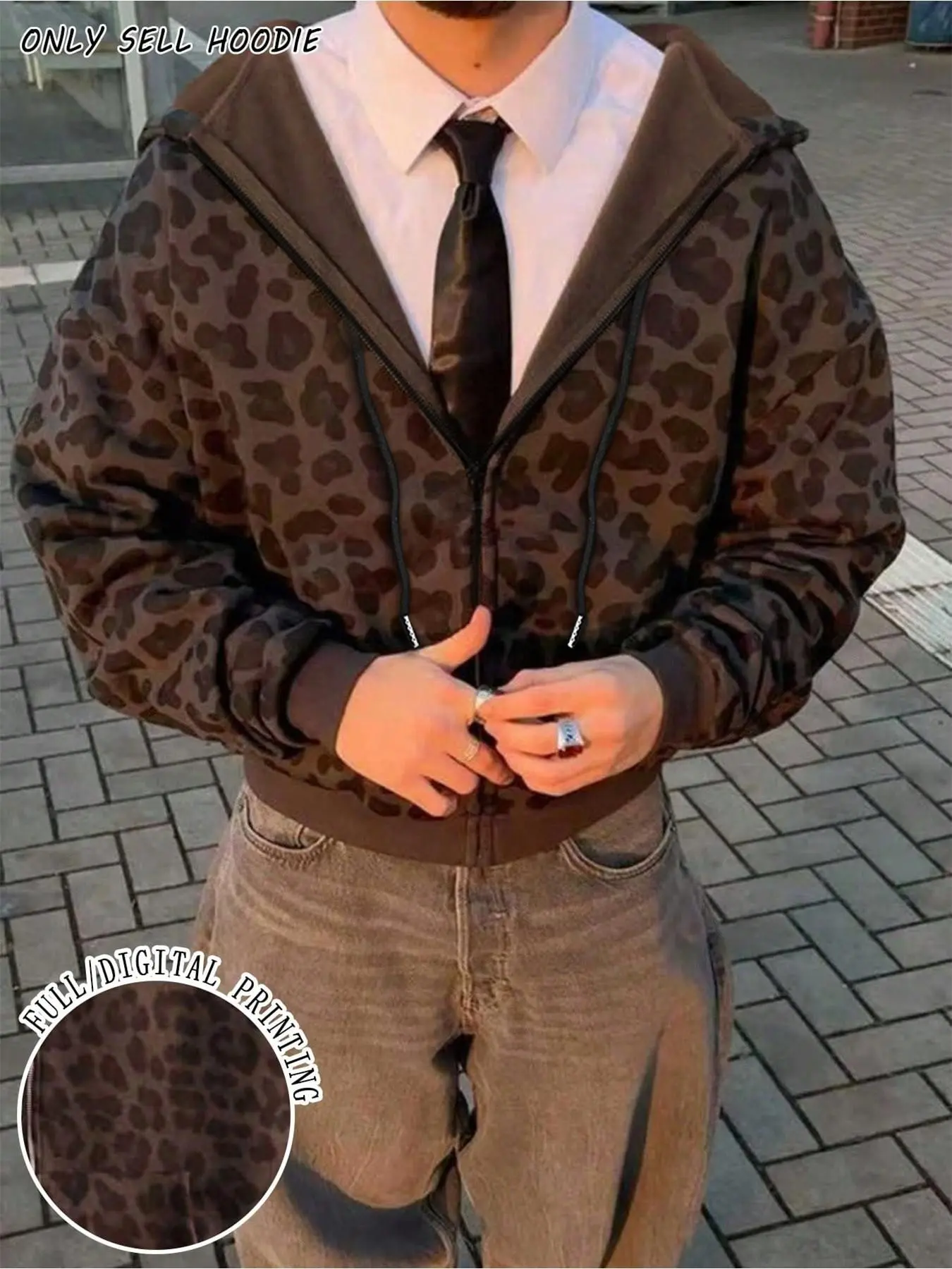 Low Saturation Deep Leopard Print, Full Digital Print, Long Sleeve, Relaxed Fit, Fall & Winter Casual Sweatshirt