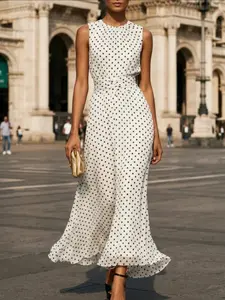 Polka Dot Sleeveless Dress Women French Style Chic Waist Cinch Elegant Long A-Line Dress Slimming, Sexy Fitted Plain Surface Dress