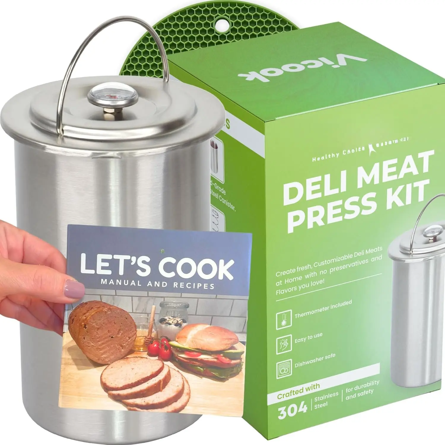 Deli Meat Press Kit - Stainless Steel Lunch Meat Press Mold for Deli Meats, with Thermometer Manual & Recipes  in  Box, Meat Press for Cooking  Choices Ham Press Maker Meat Presser