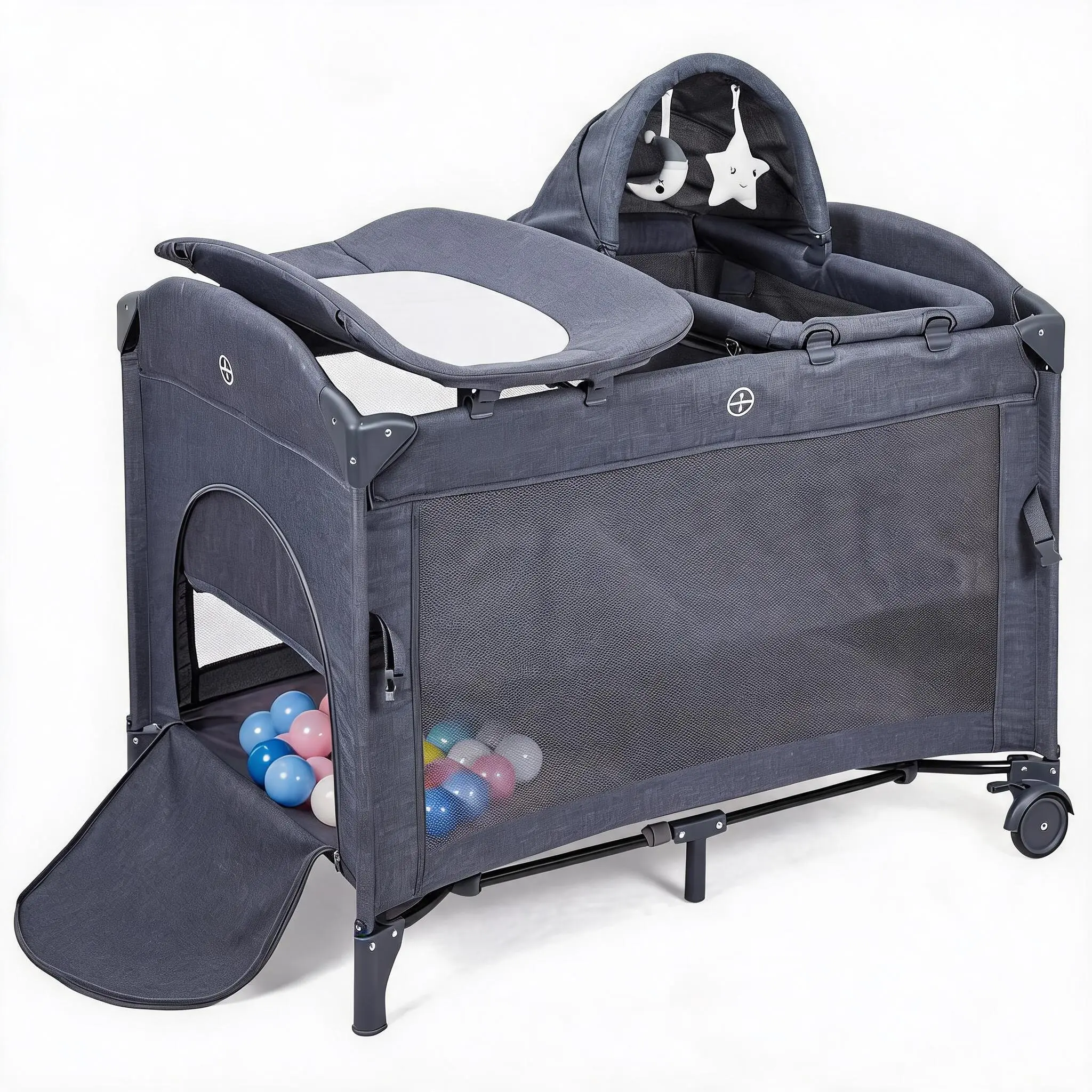 5-In-1 Pack and Play, Baby Bedside Sleeper with Bassinet, Diaper Changer, Portable Nursery Center with Lockable Wheels, Foldable Playard for Newborn, Infant, Toddler