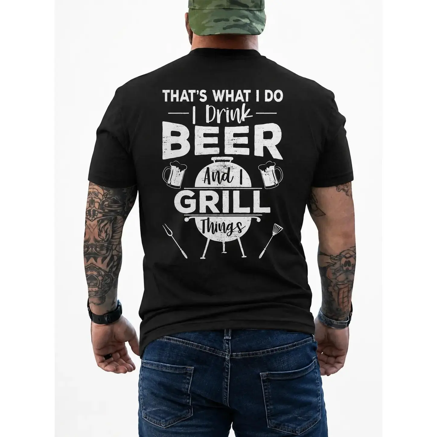Men's Short-Sleeve Breathable Streetwear T-Shirt, Funny "I Drink Beer And I Grill Things" Graphic Back Print, Classic Fit Casual Wear, Grill Master Backyard BBQ Dad Joke Gift Top, Shortsleeve, Cotton, Menswear, Simple, Smooth, Round Neck, Soft, Tee, Tshir
