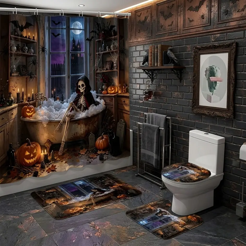 4pcs Skeleton Relaxing In Bathtub Jack-o'-Lantern Bat Shower Curtain Set with Toilet Seat Cover & Bathroom Mats,The floor mat fabric is thicker and softer!  Creepy Gothic Halloween Pattern Bathroom Decor Kit for Holiday Home Bathroom Styling