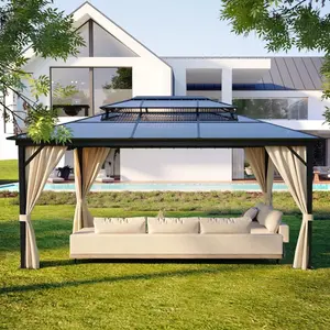 Hardtop Gazebo 12 ft x16 ft for All Weather, Double Polycarbonate Sheets Roof, Aluminum Alloy Frame, Net, and Curtain, Permanent Building for Patio, Deck, Backyard, Lawn, and Garden