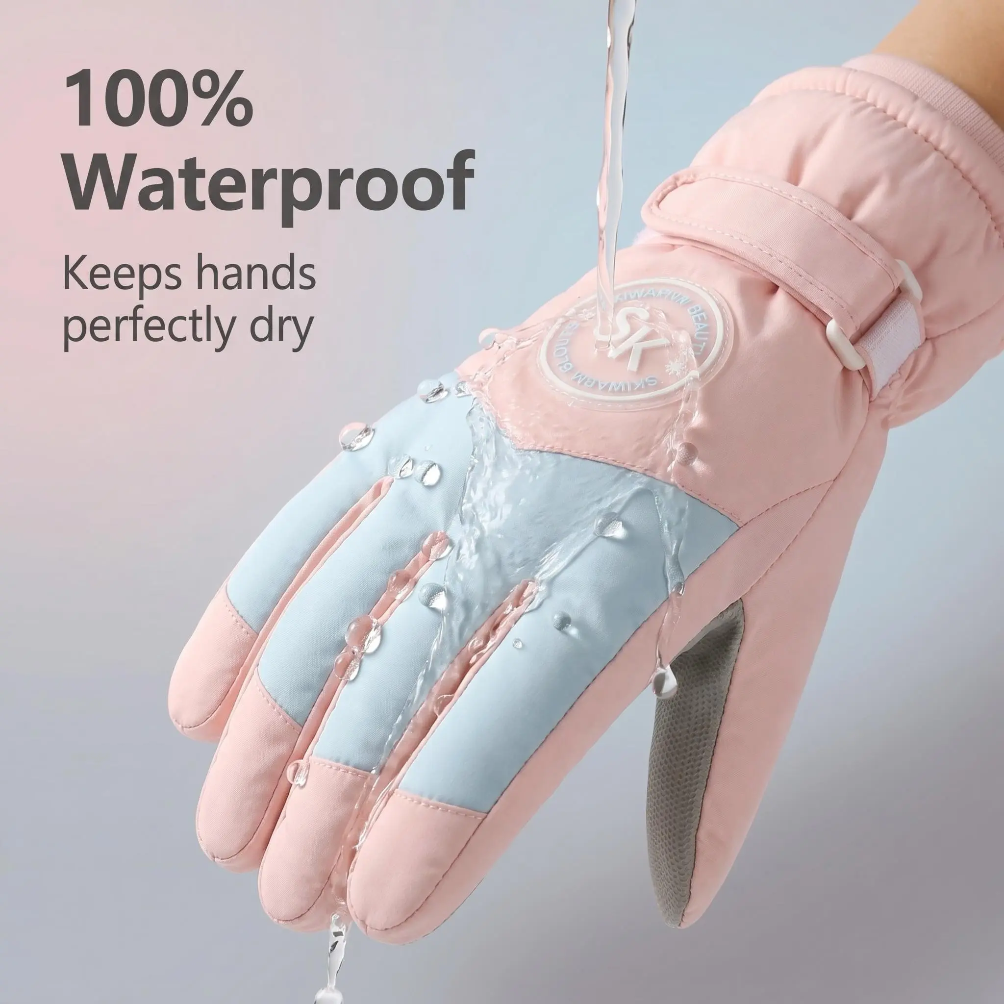 Women's Pastel Blue Ski Gloves, Waterproof Thermal Insulated, Touch Screen Friendly, Anti-Slip Palm, Adjustable Wrist Cuff, Winter Sports Gear