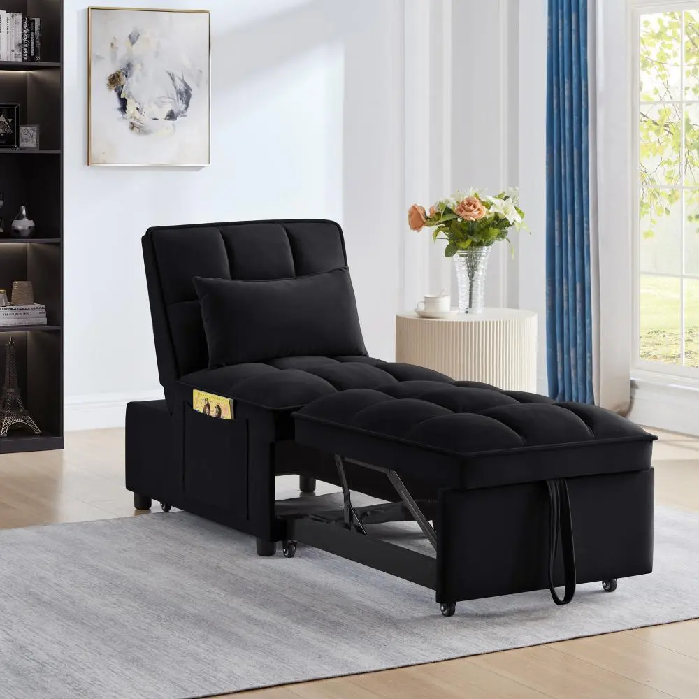 Convertible Pull Out Sleeper Chair Sofa Bed, 4 in1 Multi-Function Foldable Single Chaise Lounge, Tufted Adjustable Backrest Sofa Bed with Storage Pockets and Pillows, Multi-Pockets 3-in-1 Sofa Bed for Living Room Bedroom Small Space