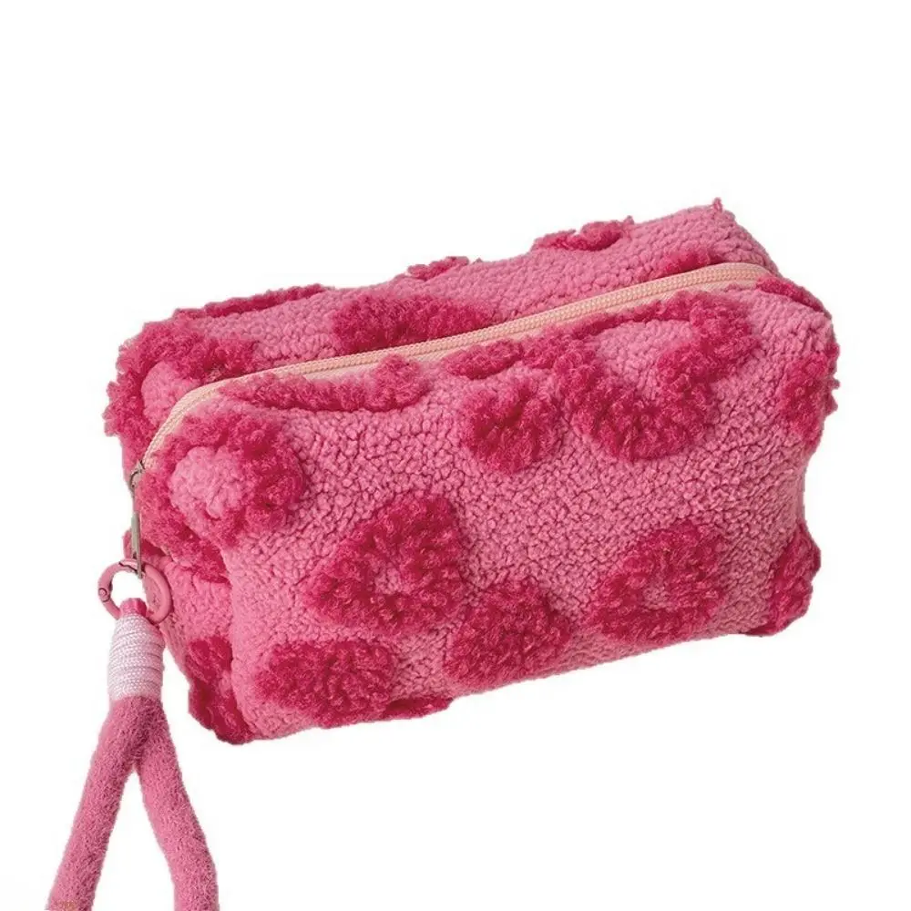 Cute Heart Jacquard Plush Cosmetic Bag - Fluffy Shape, Soft Texture, Sweet Look, Large Capacity Portable Travel Toiletry Pouch, Outdoor Daily Organizer Hand Bag for Travel Weekend Trips