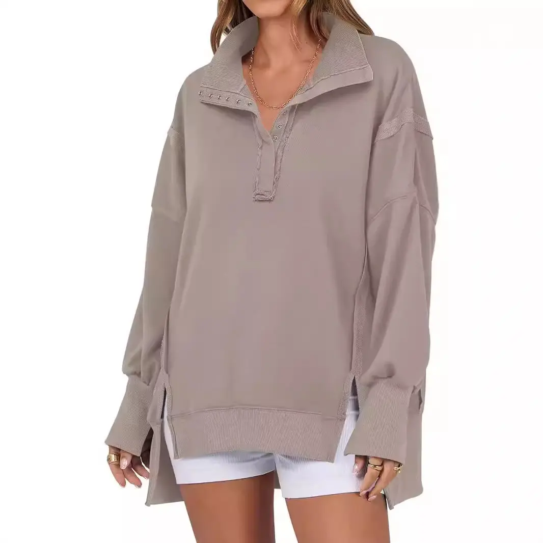 2026 Amazon Cross-Border Bestseller Decorative Line Design Top with Slit Lantern Sleeves Polo Collar Sweatshirt Jacket
