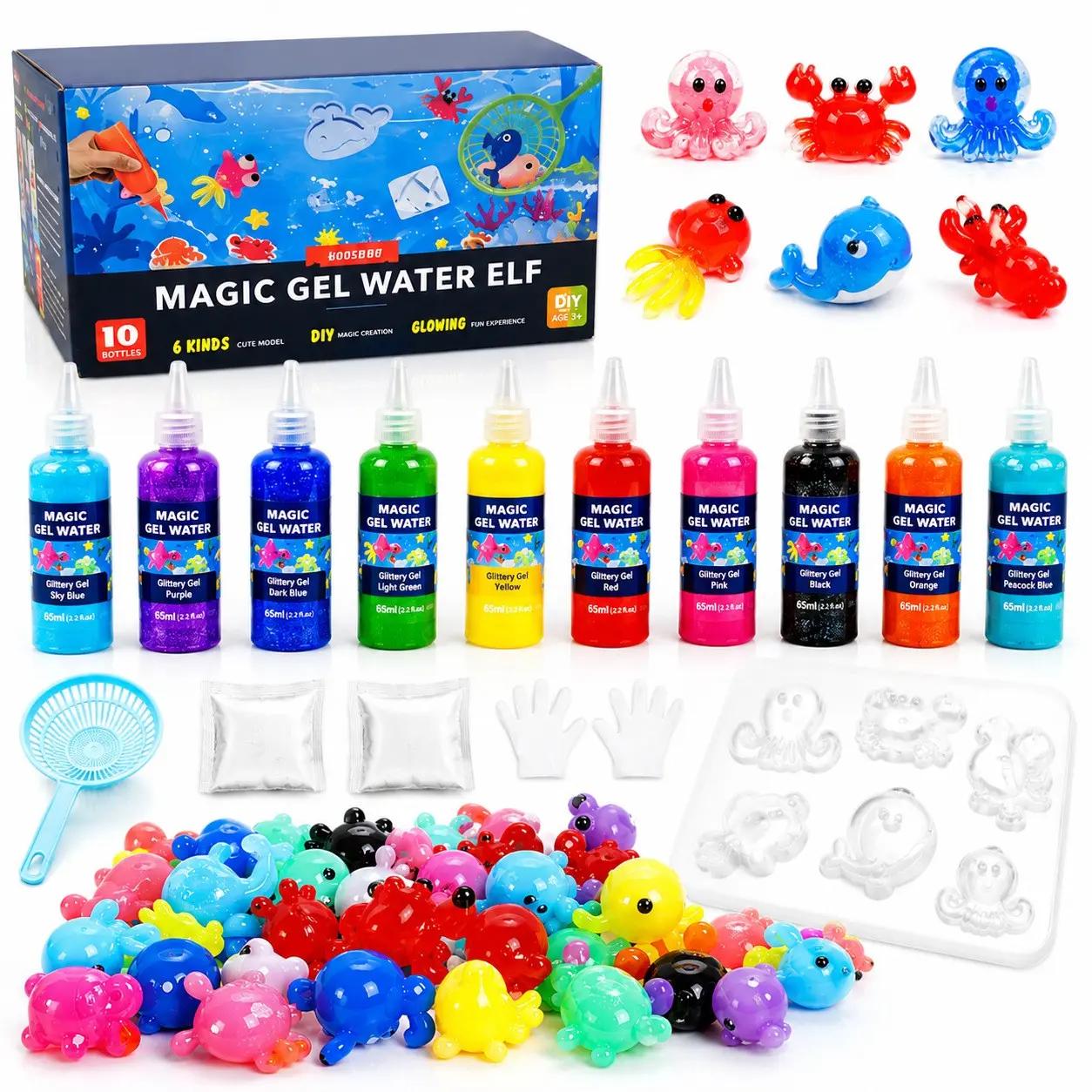 Magic Water Elf Toy Kit–Squishies for Kids, Squishy Fun Set, 10 Gels & 5Molds, Magic Gel Water Pets Sensory Toy, Fun DIY Craft Kit, Party Favors, Birthday for Kids Ages 3+