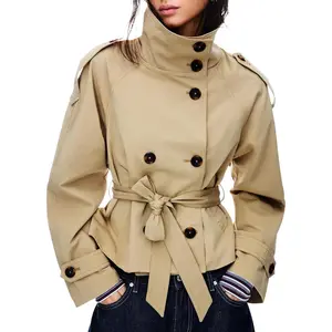 Women's Cropped Trench Coat Double Breasted Short Jacket High Collar Fall Winter Coats Trendy Outfit with Belt(Gift)