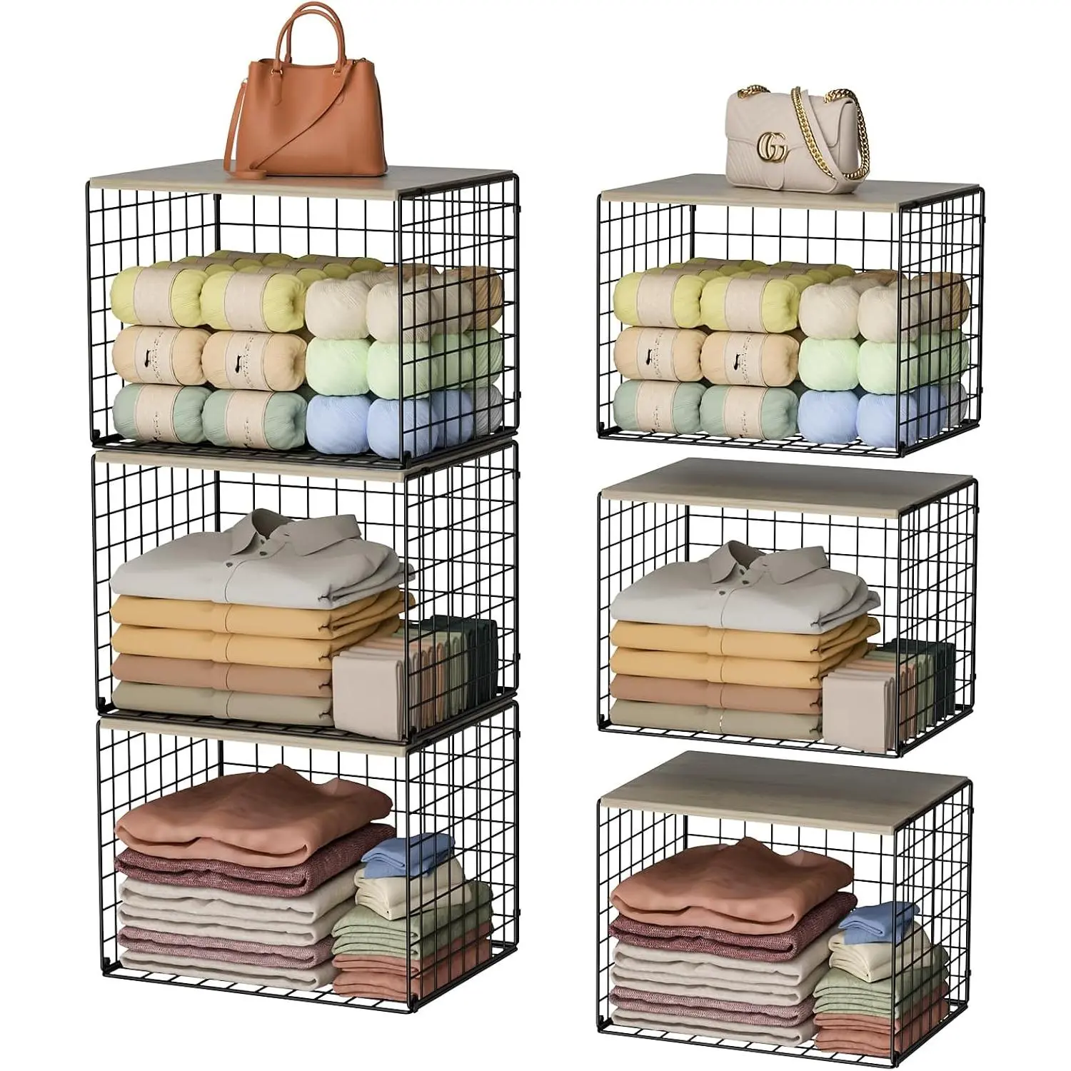 Extra-Long Closet Organizers and Storage with Top Board, 3 Pack Stackable Closet Shelf Organizer, Double Storage Design Clothes Storage Cube/Bin Organizer for Wardrobe,Space-Saving, Black,Sturdy,Metal