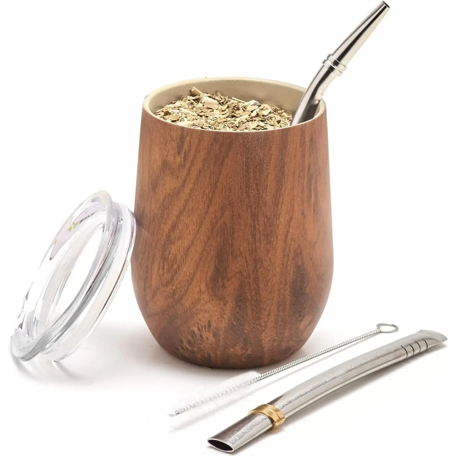 Premium Insulated Stainless Steel Yerba Mate Gourd Set, 5 Pcs Include 12 oz Gourd with Lid, 2 Bombillas, Cleaning Brush, BPA Free
