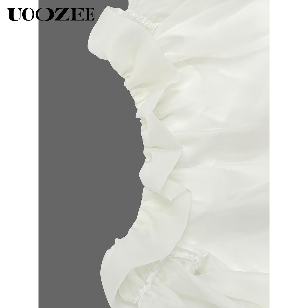 UOOZEE Women's White Off-Shoulder Mini Dress, Cascade Ruffle Sleeves High-Low Hem Pleated Party Dress New Stylish Flowy Dress(Sizing Runs Small - Check Size Guide or Order Larger)