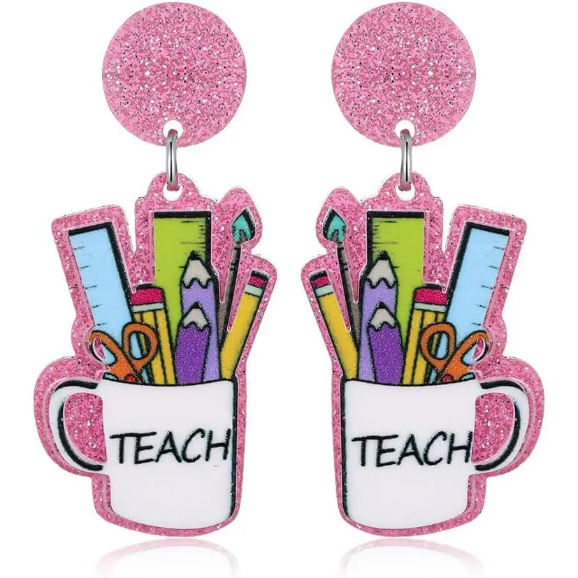 Women's Pencil Theme Dangle Drop Earrings - Lightweight Post, Glitter Mug Accent, School Events Outfits Accessory, Teacher Appreciation Gift, Synthetic