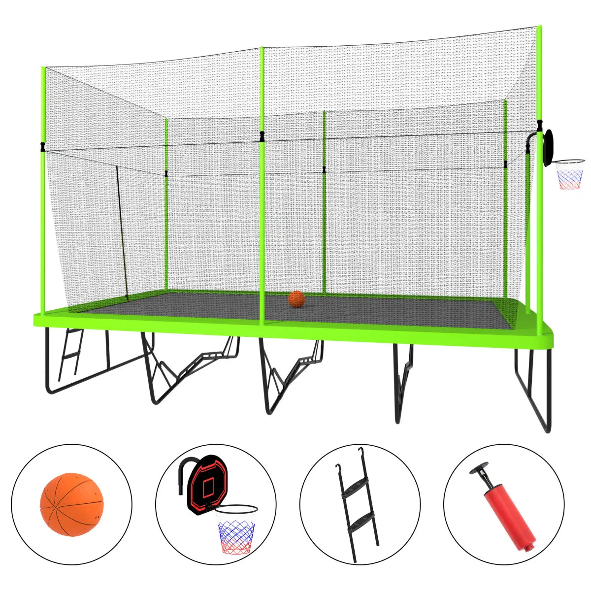 Rectangular Trampoline 17ft x 10ft for Kids, All-Season Outdoor Jumping Sports, UV-Resistant Mat with High Fences, Basketball Hoop, and Ladder, Outdoor Play, Kids' Play, Steel Frame, 10Ft X 17Ft