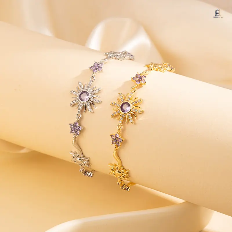 Women's Fashion Copper Zircon Bracelet - Pink Gem Camellia, Purple Zircon Geometric Sunflowers, Secure Stone Setting, All-Match Daily Wear Accessory for Dating Gifts, Secure Setting