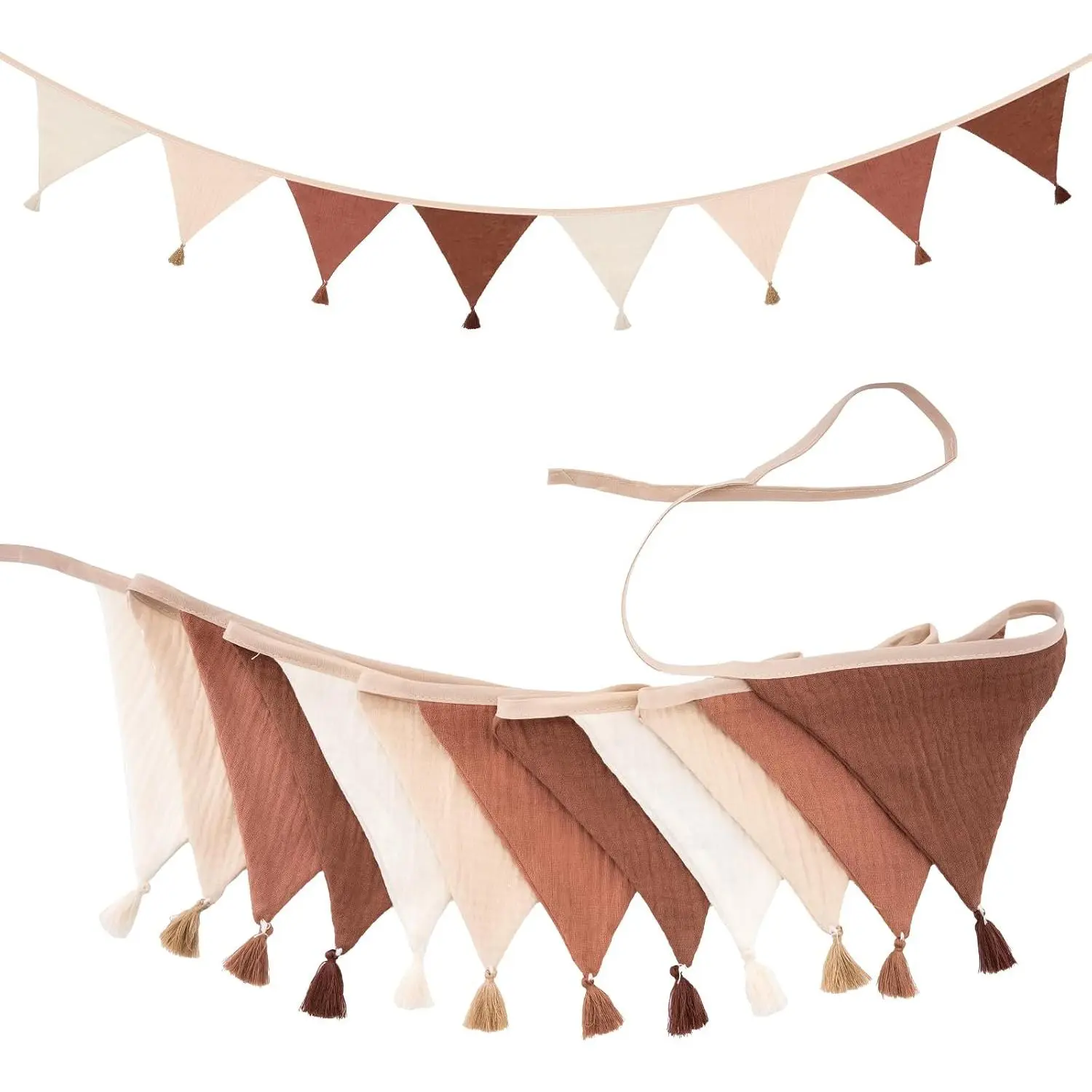 Fabric Bunting Banner, 9Ft Khaki Triangle Pennant Banner Flag, 12 count Double-Sided Bunting Garland with Tassels for Birthday Party, Wedding,  Shower, Classroom  Decor