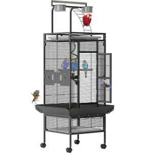 Spacious 60 Inch Wrought Iron Bird Cage with Rolling Stand - Play Top & 4 Stainless Steel Bowls - Ideal Metal Parrot Cage for African Grey, Cockatiel, Conure, Parakeet, Lovebird, Budgie, Small Birds - Black