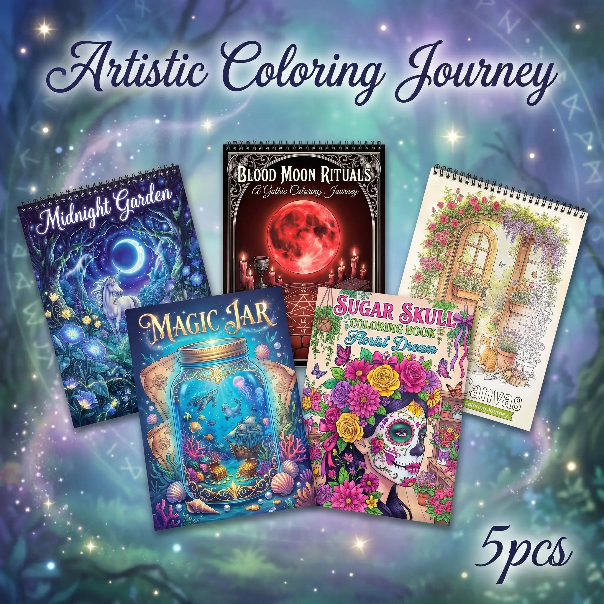 5PCS Adult Coloring Books, Variety Pack, Magic Jar - Midnight Garden, BLOOD MOON Themes - Colorful, Intricate, Artistic Designs on Thick Paper - Stress Relief & Mindfulness Art for Adults & Gifts - Perfect for Christmas, Birthdays & Holidays