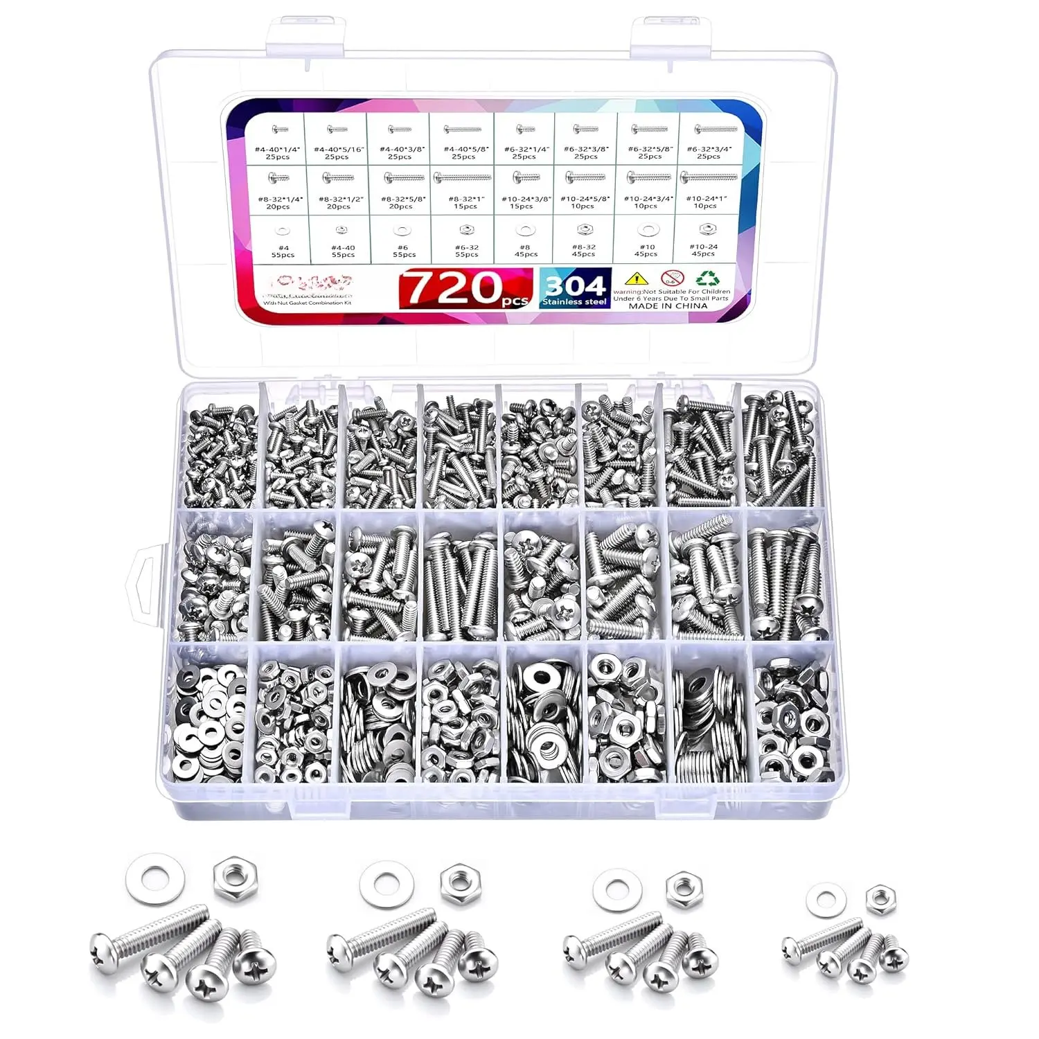 720 count 304 Stainless Steel Machine Screws  Kit, Phillips Pan  #4-40#6-32#8-32#10-24 Coarse Thread Screws Nuts Flat Washers Set with  Storage Case for DIY Household Repair