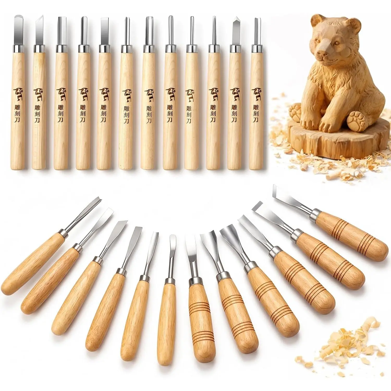 24PCS Carbon Steel Wood Carving Knife & Chisel Kit Set with Small, Middle, and Large Sizes for Hand Tool Woodworking