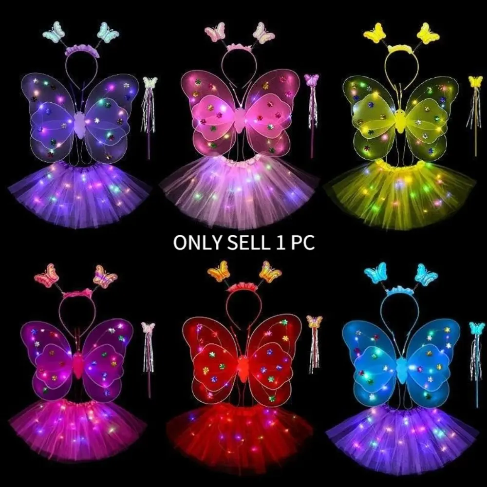 4 pieces per set  Kids Glowing Butterfly Wings Set with Light Girls Butterfly Dress Headband Wand Party Costume Children Fairy Props Christmas Photography Clothes Props