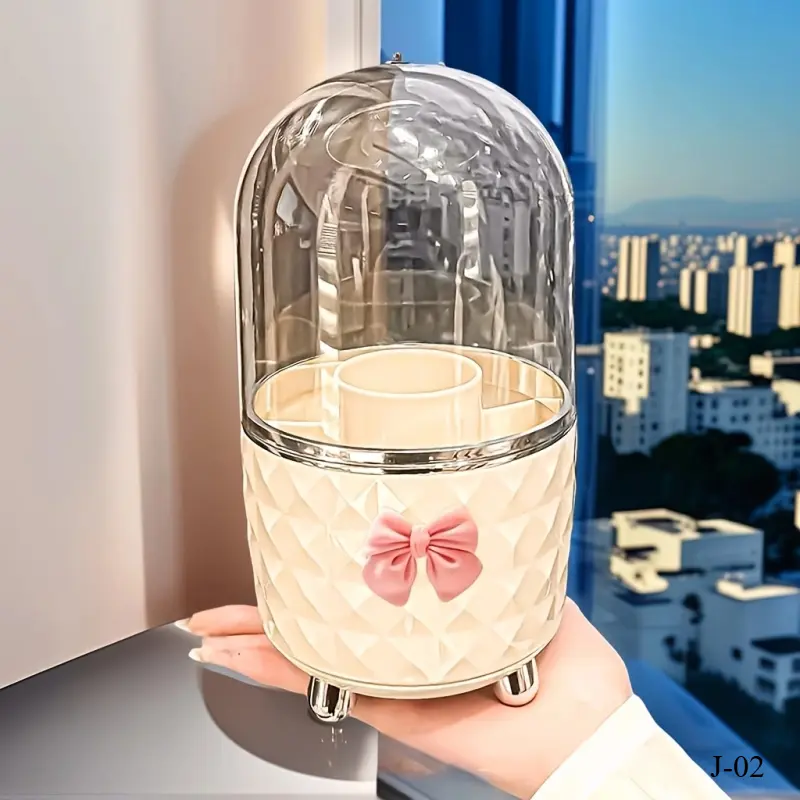 2026 New Modern Compact Makeup Theme Rotating Organizer - Plastic Bathroom Vanity Organizer with Dust Cover, Brushes, Lid, Bathroom Use, Organizes Tools, Saves Counter Space for Lipsticks, Eyeliners, Rotates Easily